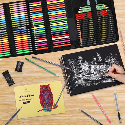 78pcs Drawing Kit Sketching Set Art Supplies with 3-Color Sketchbook Colorful Portable Case Colored Graphite Charcoal Watercolor Mettallic Pencil sketch draw gift set for Artist Adult Beginner