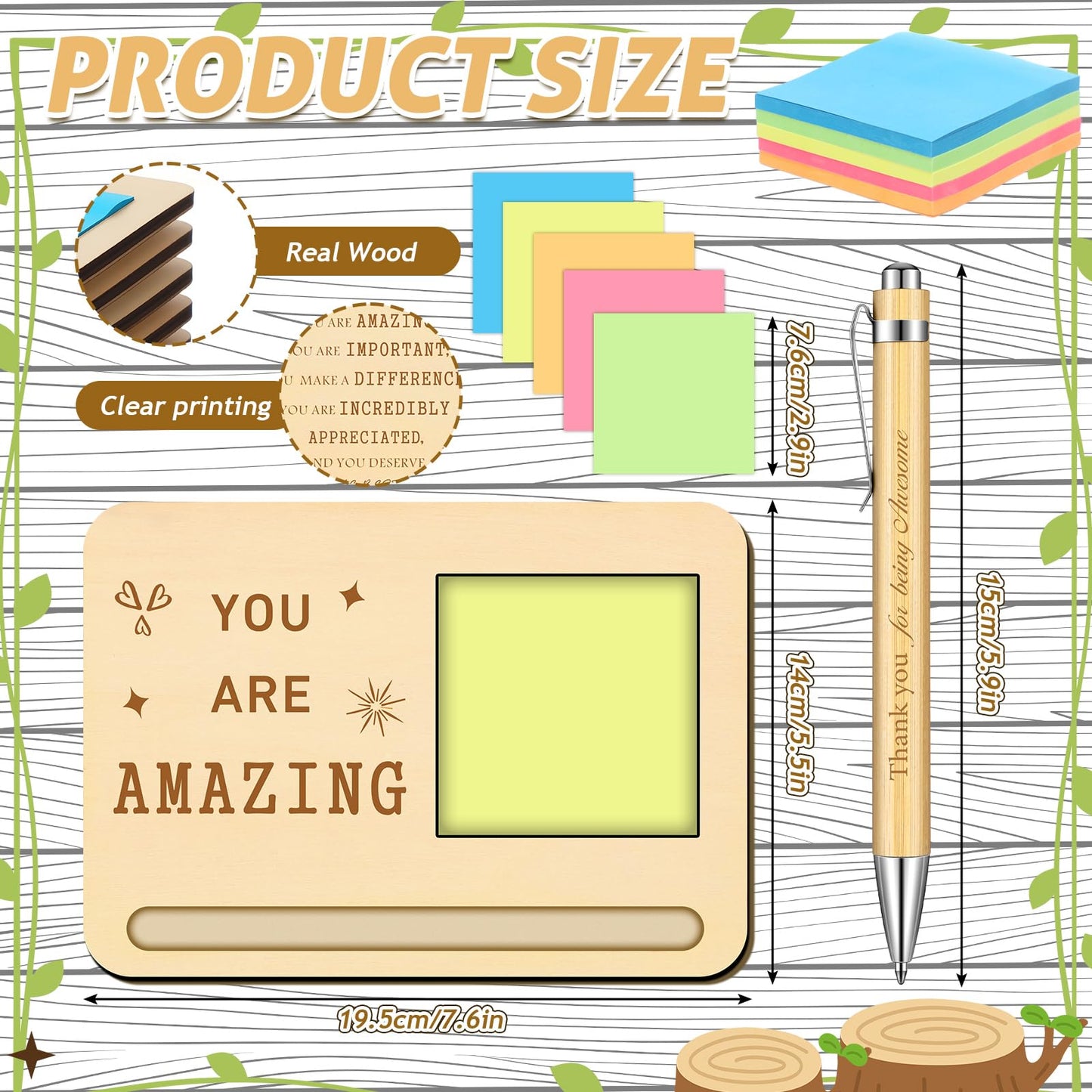 Kosiz 10 Set Employee Team Appreciation Gifts Bulk Wooden Motivational Sticky Note Holder with Notes and Ballpoint Pens Thank You Appreciation Gifts for Staff Employee Office Supplies