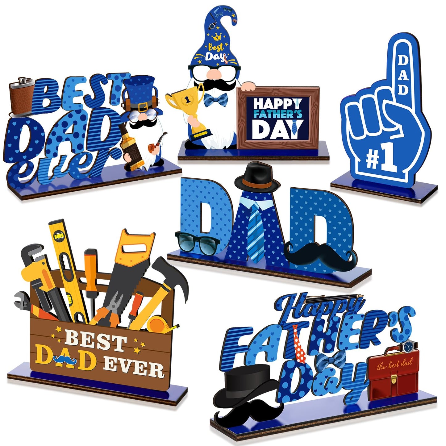 Yuntau 6 Pcs Father's Day Table Centerpiece Happy Father's Day Wood Signs Father's Day Gnome Table Decorations Dad Wood Tiered Tray Decor for Father's Birthday Party Gift Supplies