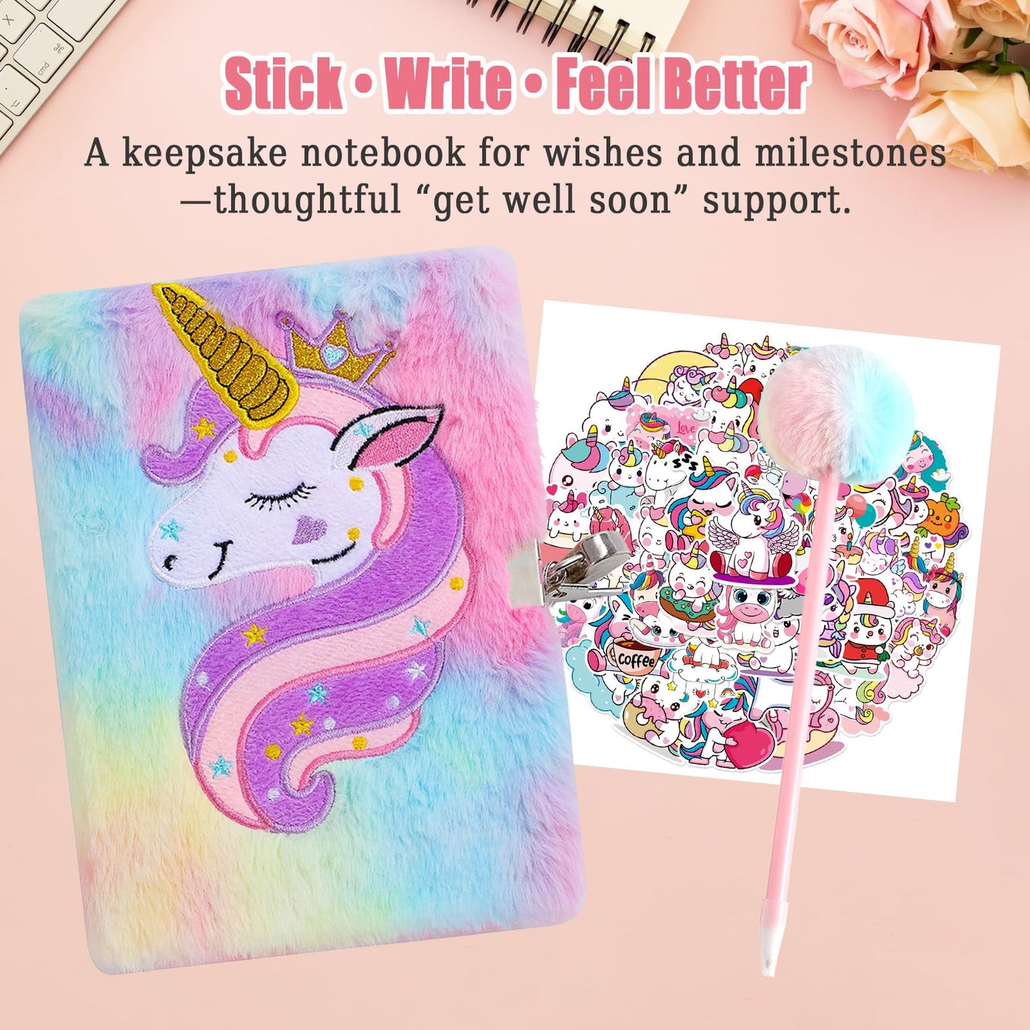 VUYUEN Get Well Soon Gift for Girls, Unicorn Fluffy Diary with Lock & 12'' Get Well Soon Plush Pillow, Feel Better Gifts for Girls, Girls Get Well Baskets, Get Well Gift After Surgery