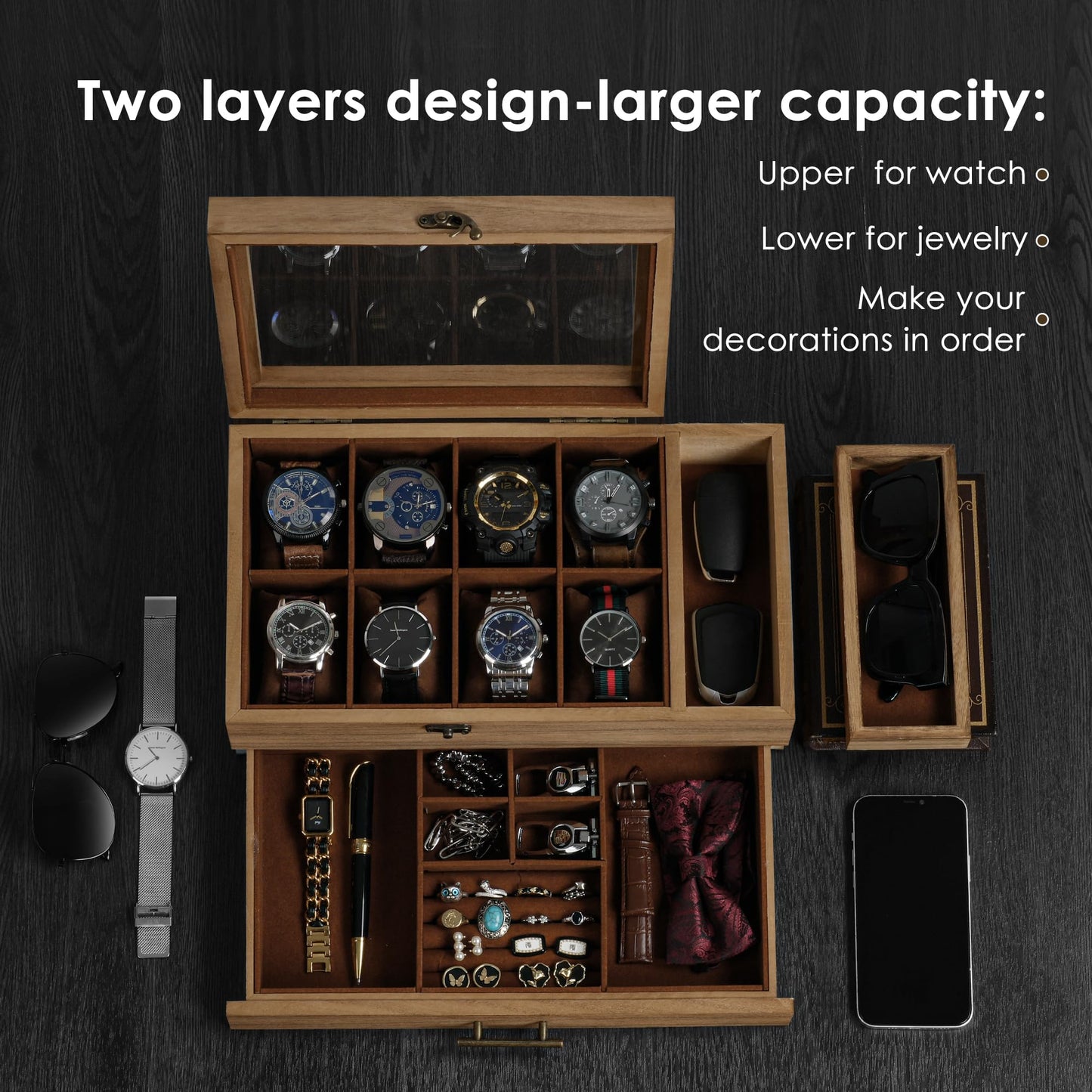 GALHUBIS Watch Box with Tray, 2-Tier Watch Case for Large Dial Watches, 8-Slot Watch Display Case with Lid, Removable Watch Pillows, Drawer, Gifts for Men Women, Watch Organizer, Jewelry Box, Walnut