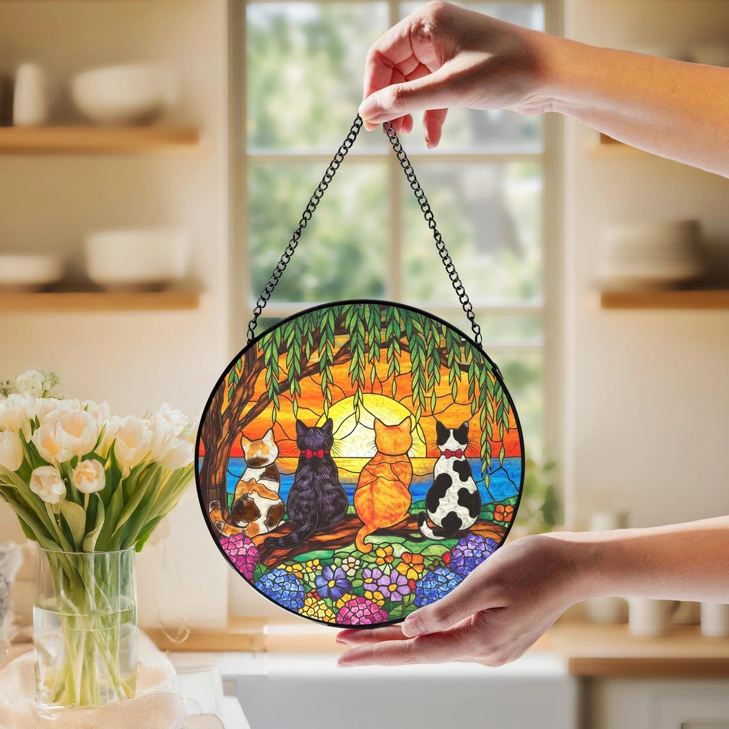 LIANGEAGOM Cat Flower Stained Glass Window Hanging, Cat Mom Lovers Gifts for Women, Nature Sunset Kitten Landscape Suncatchers Sun Catchers Indoor Window Glass Wall Art Decorations, 7.9x7.9in, Patio