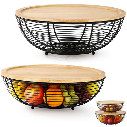 Ferrochef 2 Set Stackable Fruit Basket with Bamboo Lid 11.5 &10.5 Inch Black Metal Wire Large Fruit Bowl for Kitchen Counter Pantry Organizer and Storage for Veggie, Snacks