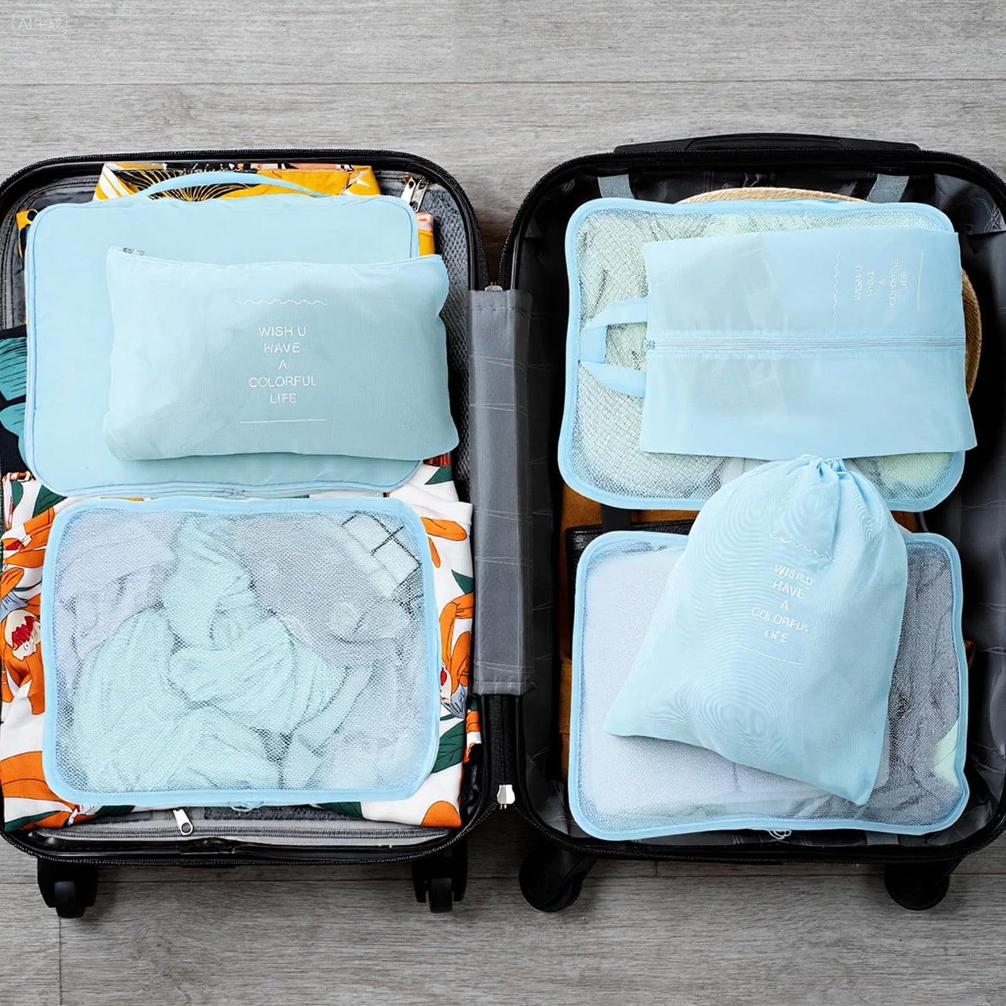 PercyEffie 28 Set Packing Cubes for Travel Luggage Organizer Bags Foldable Travel Organizers with Mesh Shoe Bags Toiletry for Suitcases Family Trips Camping (Beige Gray Pink Light Blue)
