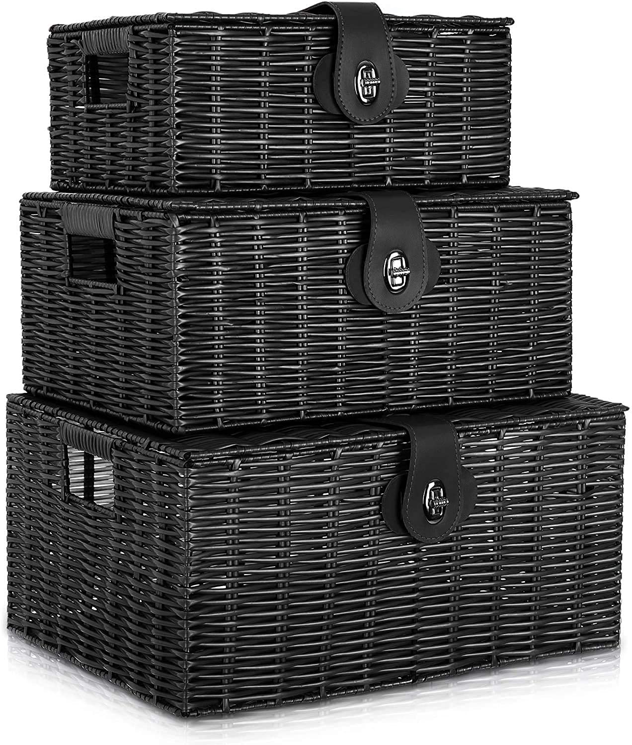 Homepeaz Set of 3 Woven Wicker Storage Basket Box with Lids & Lock, Built-in Carry Handles, Multifunctional Storage Organizer for Nursery, Baby, Clothes, Toys, Books, Large/Medium/Small Size (Black)