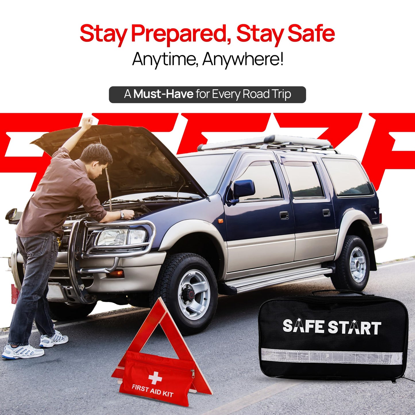 Safe Start Car Emergency Kit - Car Safety Kit with First Aid, Safety Hammer, Reflectors, Gloves, Ice Shovel - Compact Roadside Tool Kit for Repairs, Snow, Accidents - Protect Your Family on the Road