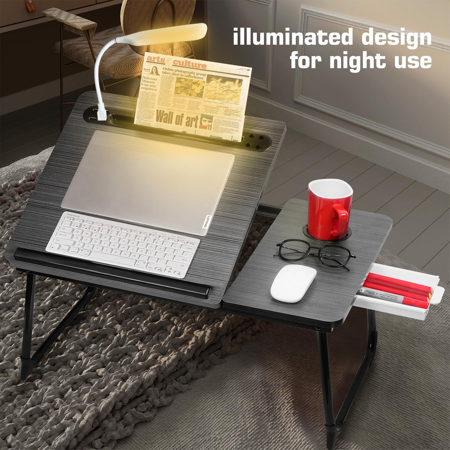 CloudTrip Plus XL Adjustable Laptop Desk with Light, USB Port, iPad Holder, Drawer Storage - Larger 23.6IN Adjustable Lap Desk for Bed, Home Office, Breakfast Tray, Fordable Legs Desk (Black)