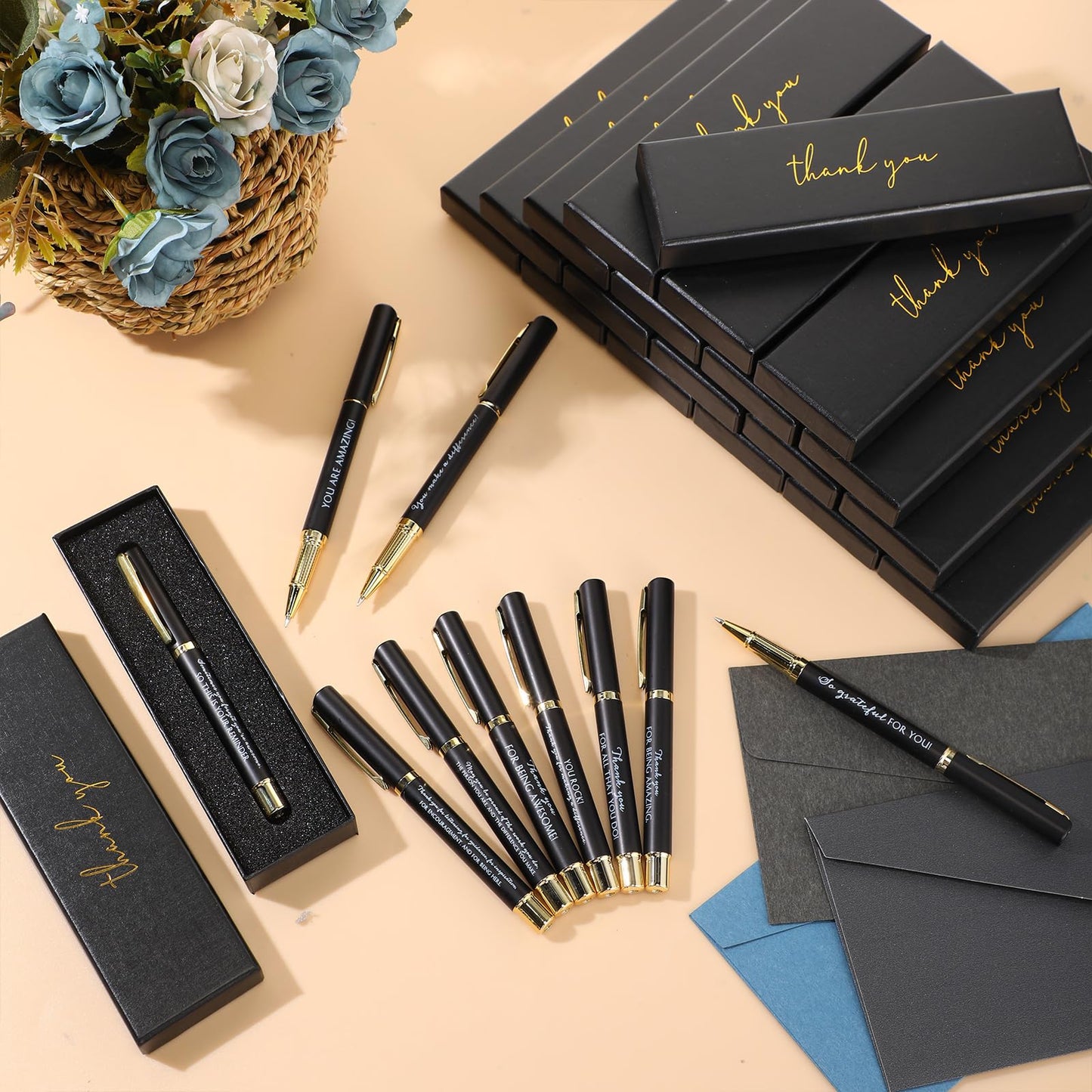 PerKoop 10 Sets Thank You Gifts Appreciation Pens with Boxes for Employee Coworker Volunteer Teacher Nurse Team Prizes Office Supplies Bulk Inspirational Party Favors for Adults(Black,Mixed)