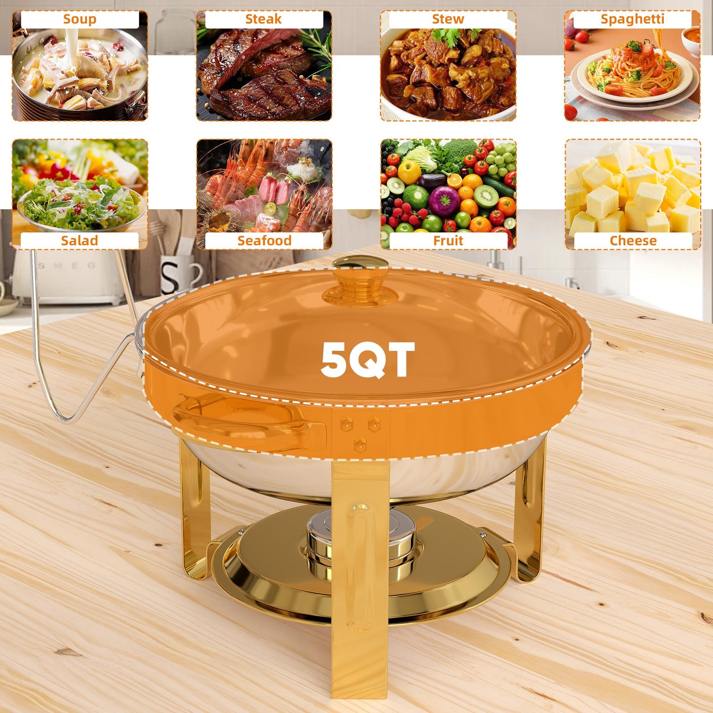 4 Pack Gold Round Chafing Dishes for Buffet, 5 QT Food Warmers and Cold Food Server for Parties, Events Hosting, Family Gatherings, Full Set Catering Supplies with Serving Utensils Accessories