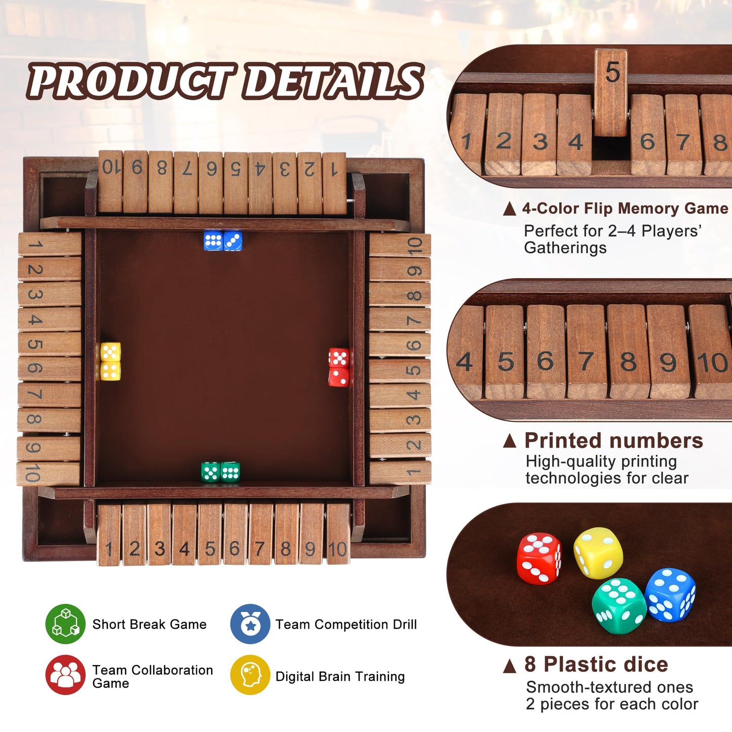 Uowivi Shut The Box Game, Math Dice Board Game for Family Night Classroom Travel, Wooden Table for 2-4 Players, Improves Mathematical Skills, for Classroom, Home (Quadrilateral-Upgraded 12", Brown)