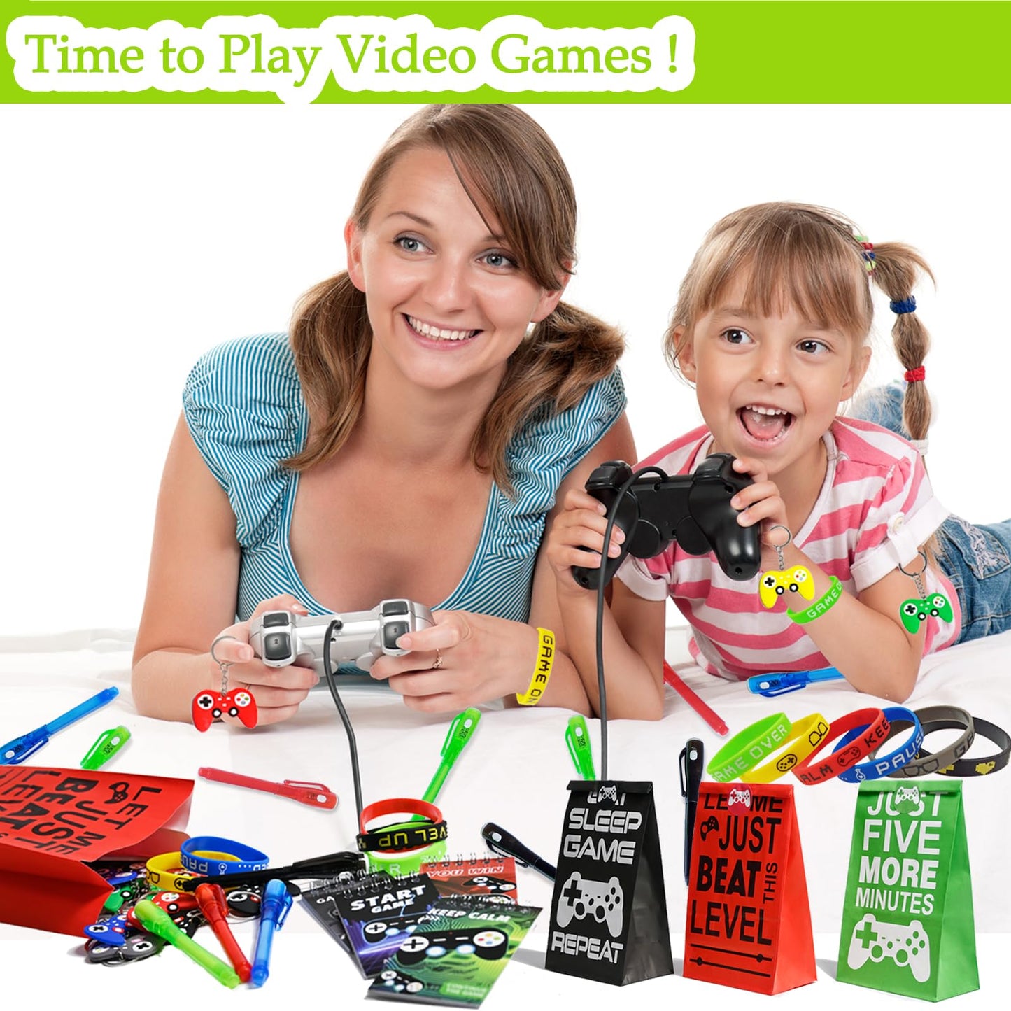 EODVICS 120 Pcs Video Game Party Favors for Kids - Goodie Bag Stuffers with Invisible Ink Pens, Mini Notebooks, Silicone Bracelets, Controller Keychains, Gaming Birthday Party Supplies