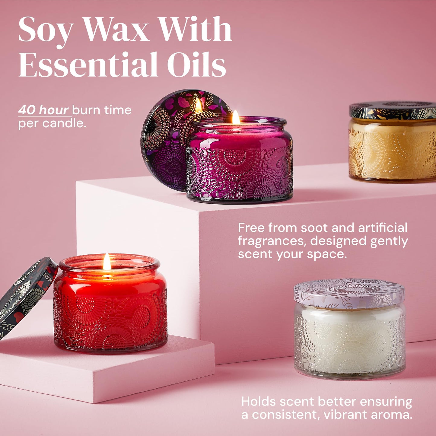ADELEGOURDAIN Aromatherapy Scented Gift Set - 4 Soy Wax Candles & 2 Fragrance Sachets - Calming Jasmine, Bergamot, Berry & Breeze Scents in Glass Jars - Home, Bath & Relaxation Presents for Women