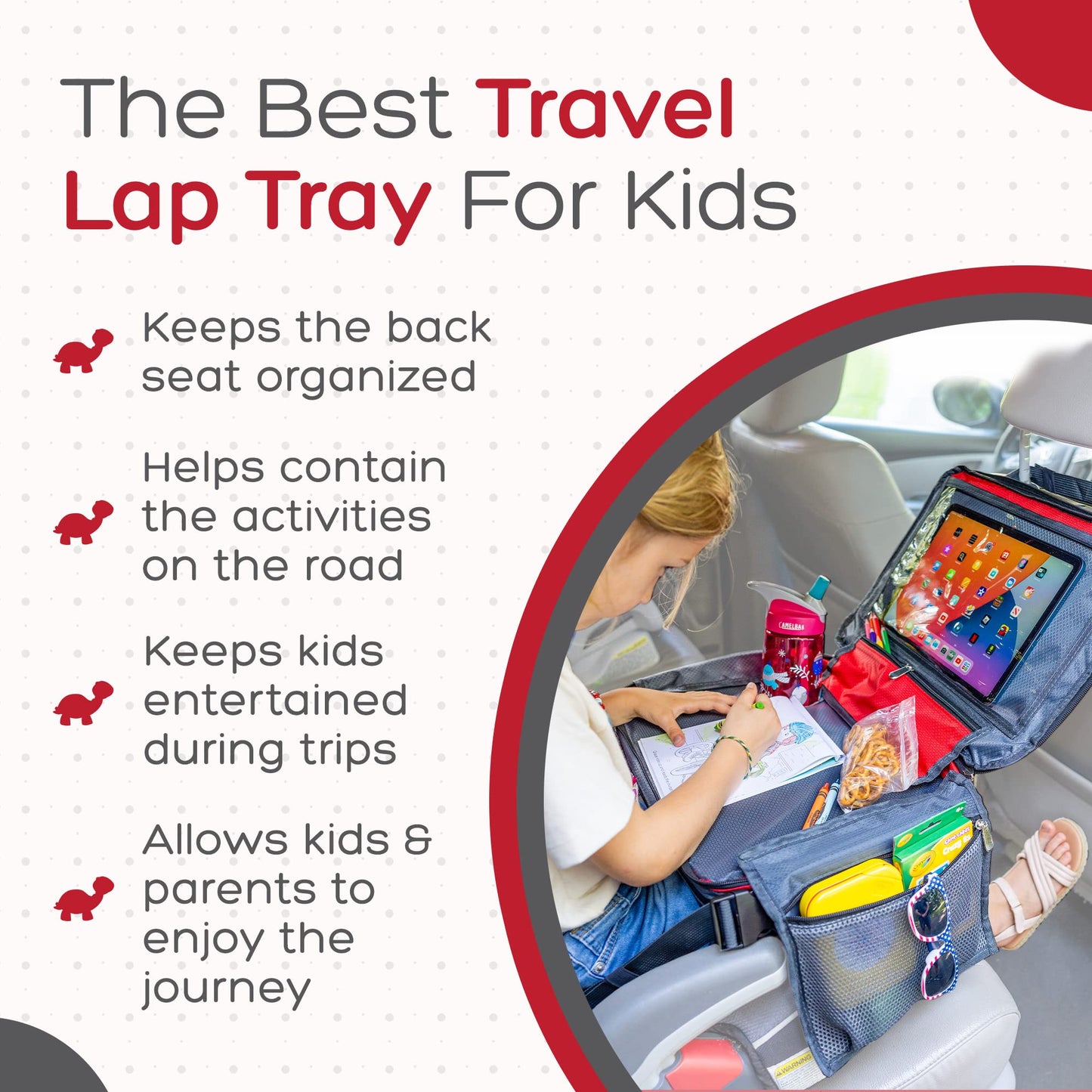 BE Family Travel Kids Car Seat Travel Tray, Car Accessories for Children, Car Seat Snack Tray, Traveling Essentials for Kids, Toddler Lap Tray for Engaging Activities, Multipurpose Design, Red