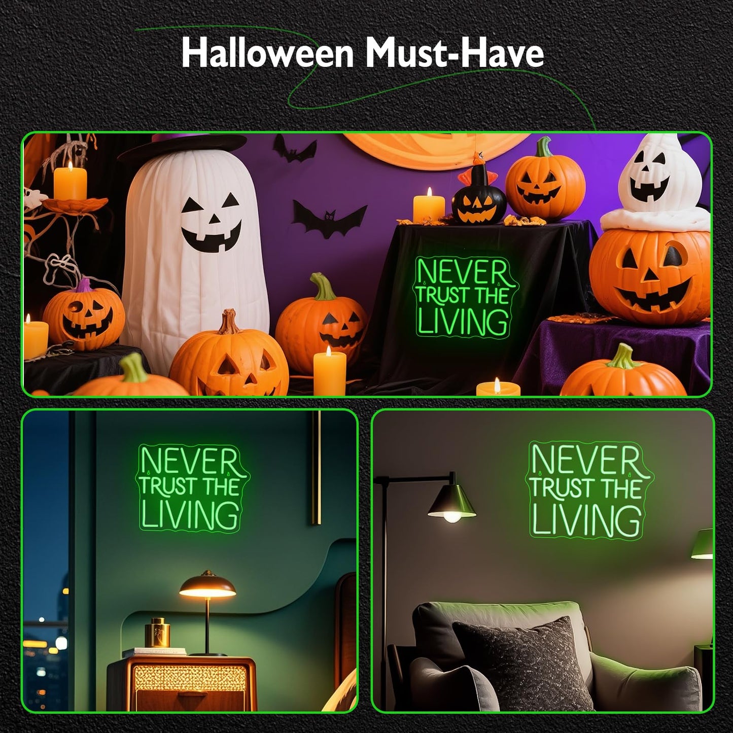 NEVER TRUST THE LIVING LED Neon Sign - 16.5 × 12.6" LED Green Gothic Wall Decor for Halloween, Bedroom, Bar, Horror Movie Theme, Spooky Aesthetic Room Decor, USB Powered