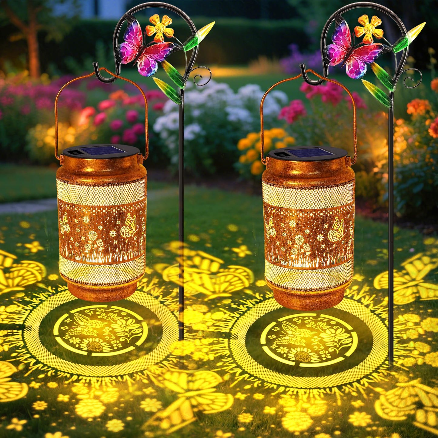 2 Pack Butterfly Solar Lanterns Outdoor Waterproof Solar Garden Decor, Birthday Gifts for Mothers Day Women Mom Grandma, Metal Hanging Lights with Shepherd Hook for Outside Yard Patio Pathway Porch