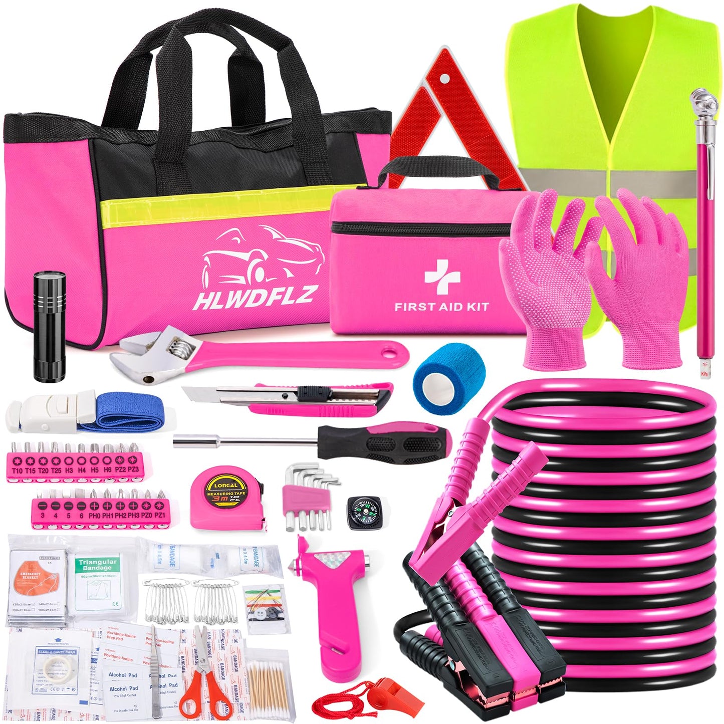 HLWDFLZ Car Roadside Safety Kit - 129pcs Pink Winter Emergency Road Side Assistance Kits Auto Essential Kit for Men, Women, Teen