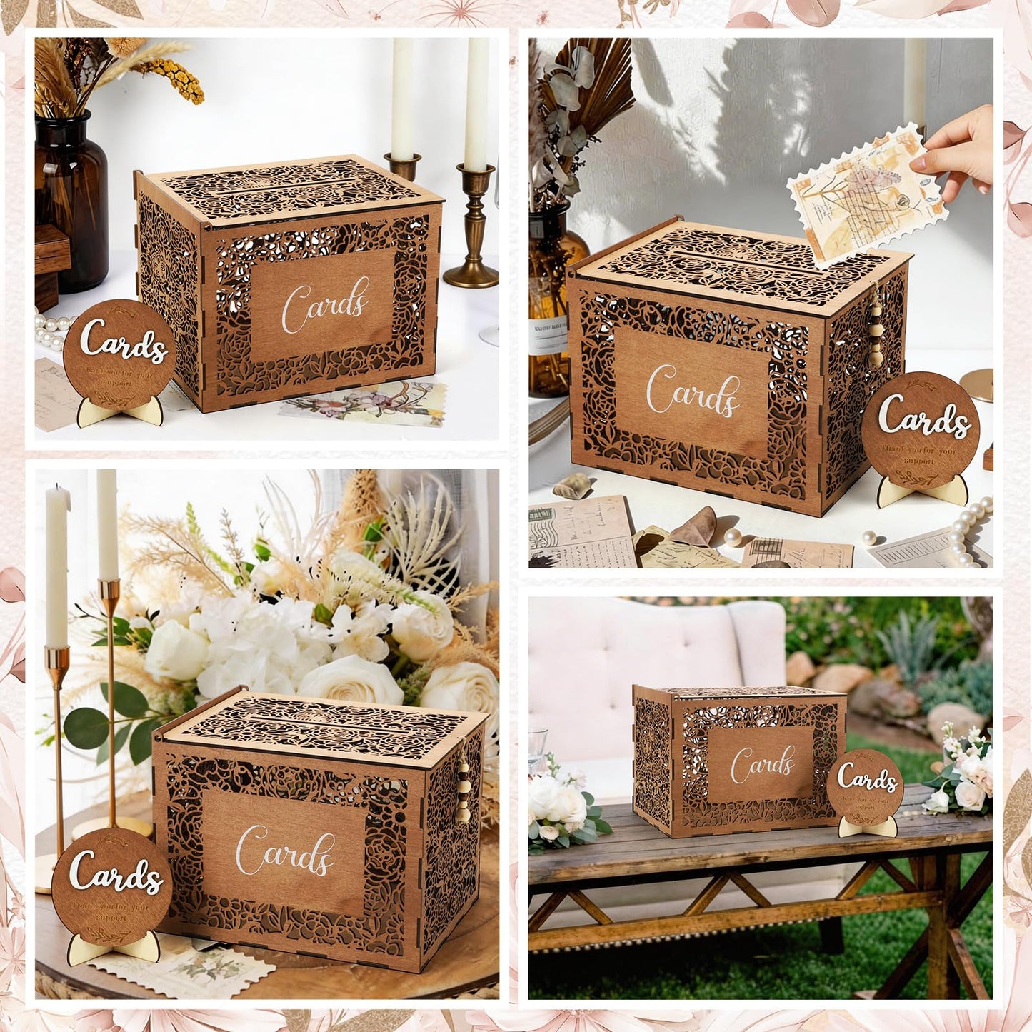 Ferrochef Wedding Card Box with Sign Boho Rustic Wood Gift Card Box Vintage Money Cards Holder for Wedding Baby Shower Graduation(Flower,Brown,11.4 x 9 x 8.5 Inches)