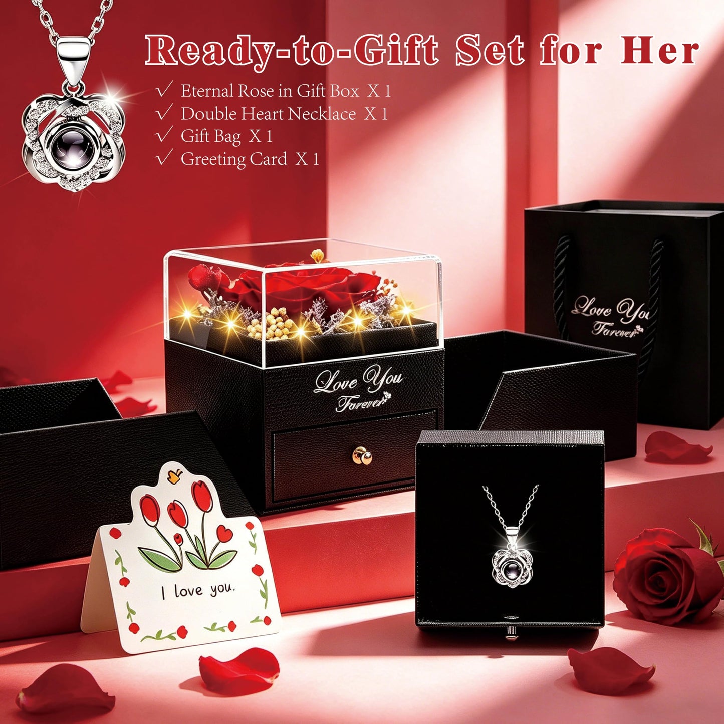 Lebana Preserved Red Real Rose with Heart I Love You Necklace -Mothers Day Gifts for Mom Her Wife Girlfriend Grandma on Valentines Mothers Day Christmas Birthday Anniversary Romantic-Red