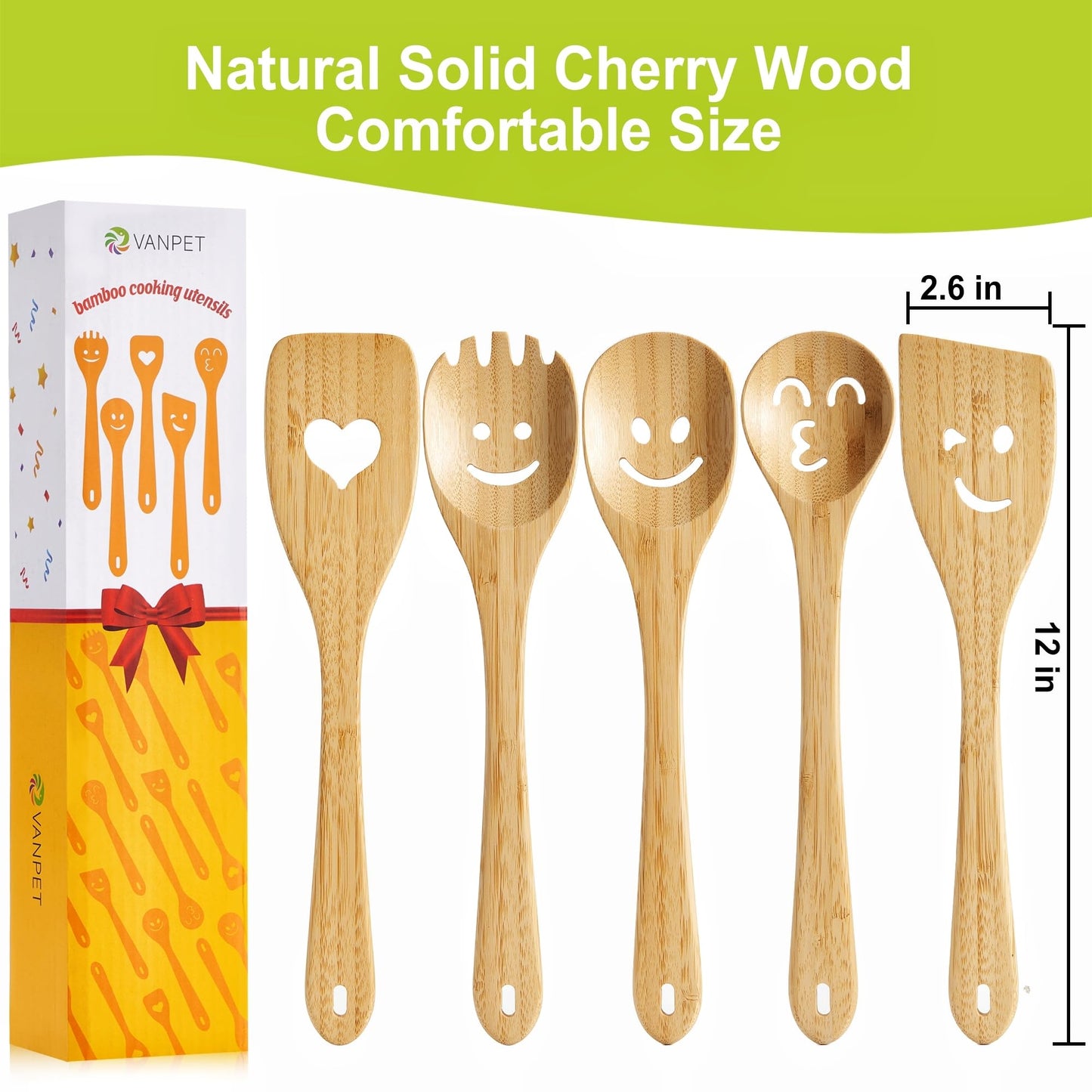 Wooden Cooking Utensil Set, Cute Spatula Set, Funny Bamboo Kitchenware, Unique Mother's Day Gifts for Cooks Hostesses Mom Grandma Wife Weddings House Warming Kitchen Accessories (A001)