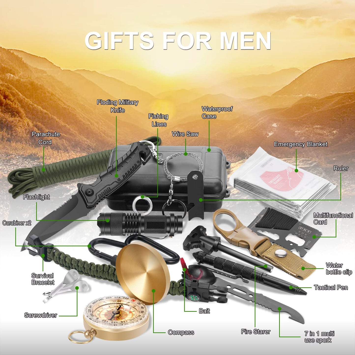 Gifts for Men Christmas Emergency Survival Kit, 22 in 1 Professional Survival Gear Equipment Tools First Aid Supplies for SOS Emergency Tactical Hiking Hunting Disaster Camping Adventure