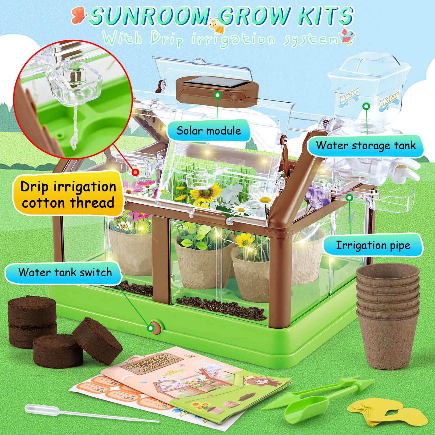DUYOYU Kids Plant Growing Kit - Kids Greenhouse & Flower Growing Kit with Upgraded Irrigation & Grow Light – Perfect Gardening for Kids（Solar Green）