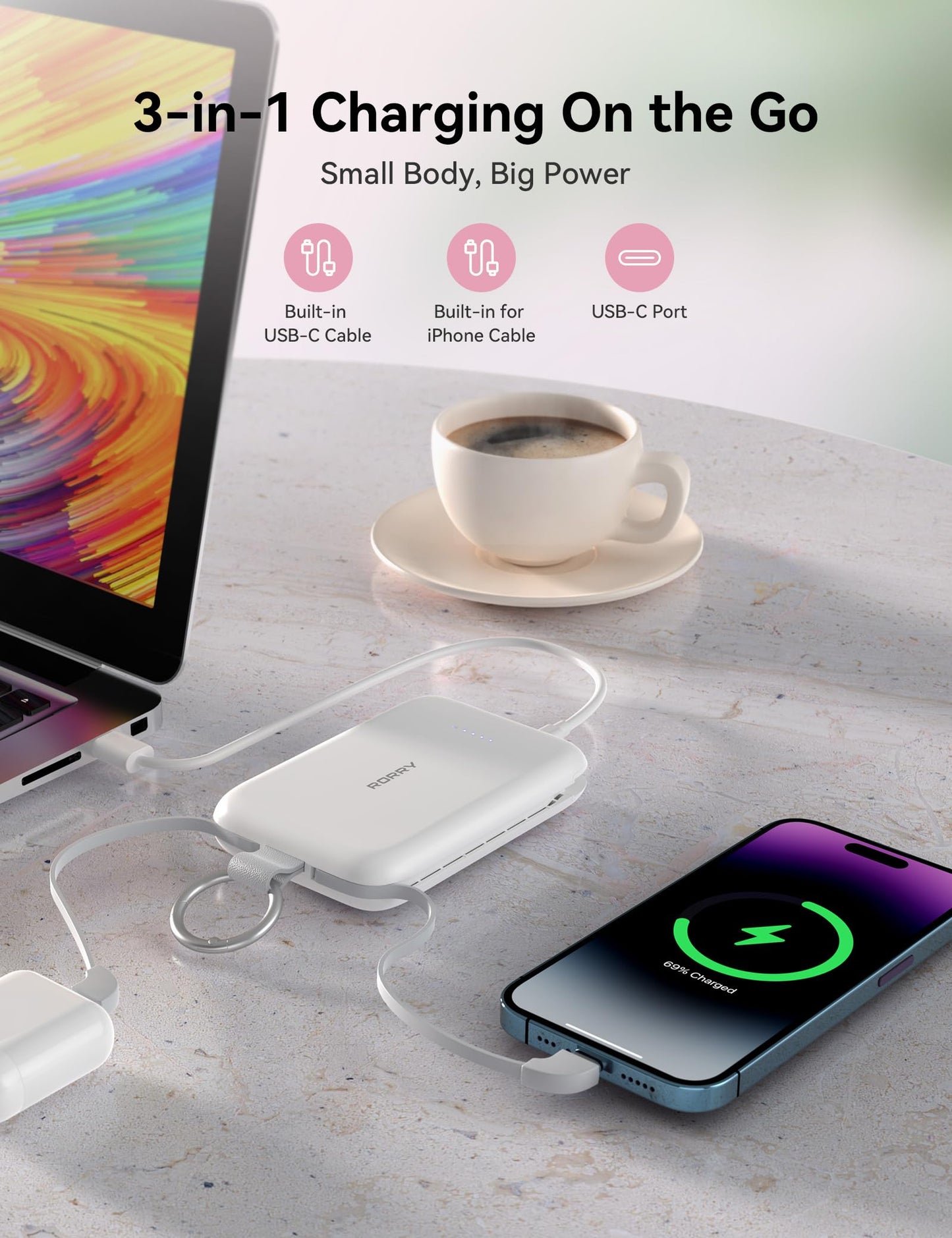 RORRY Portable Charger, 10000mAh PD 30W Fast Charging Portable Charger Power Bank with Built-in Cables, Travel Keychain Charger Battery Pack for iPhone 17/16/15/14/13/12, for AirPods 2/3/4/Pro, White