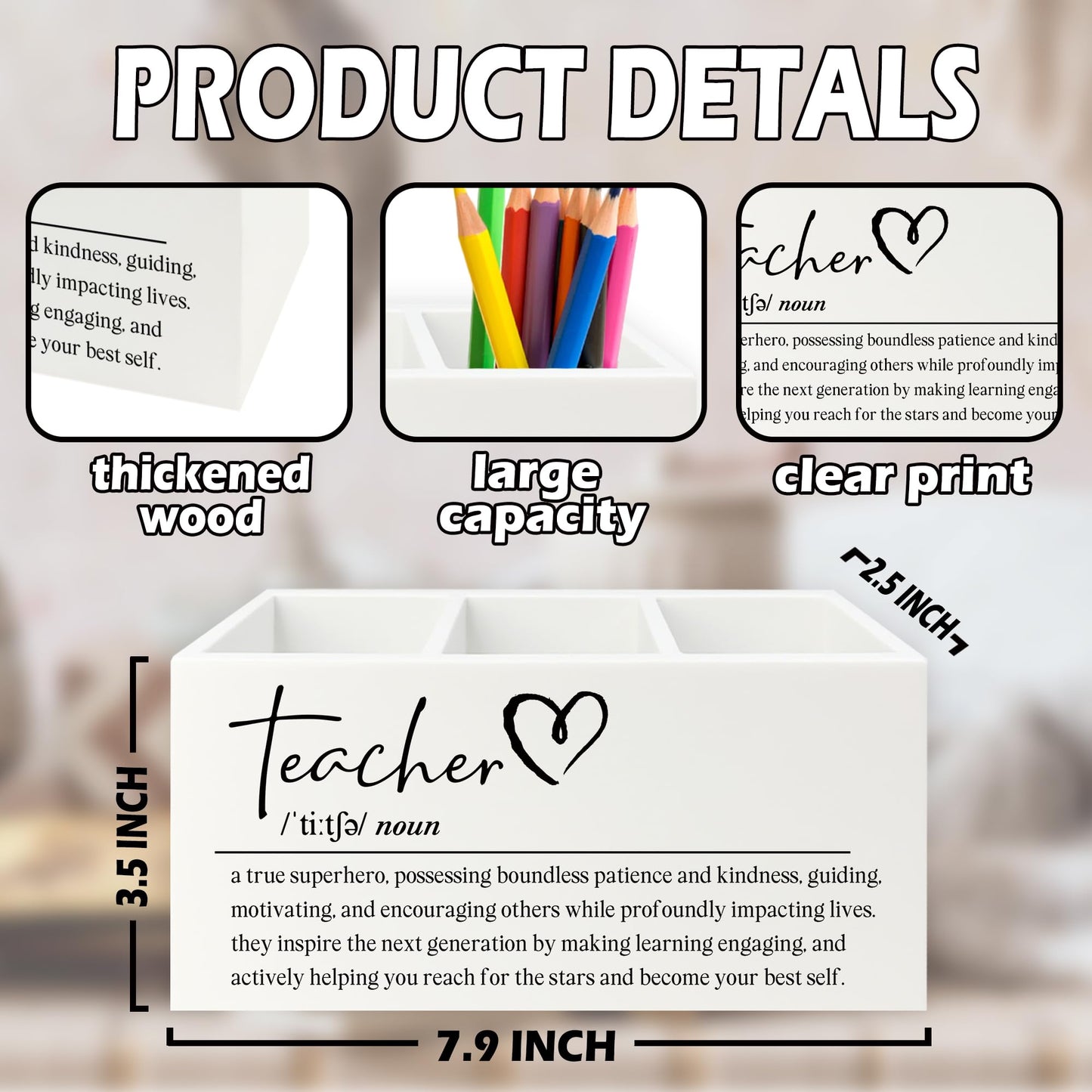 XPH Teacher Pen Pencil Holder Organizer for Desk, Teacher Appreciation Gifts, End of the Year Teachers Gifts for Women Men Wooden Box Sign for Office Workplace Classroom Desk Tabletop Decorations