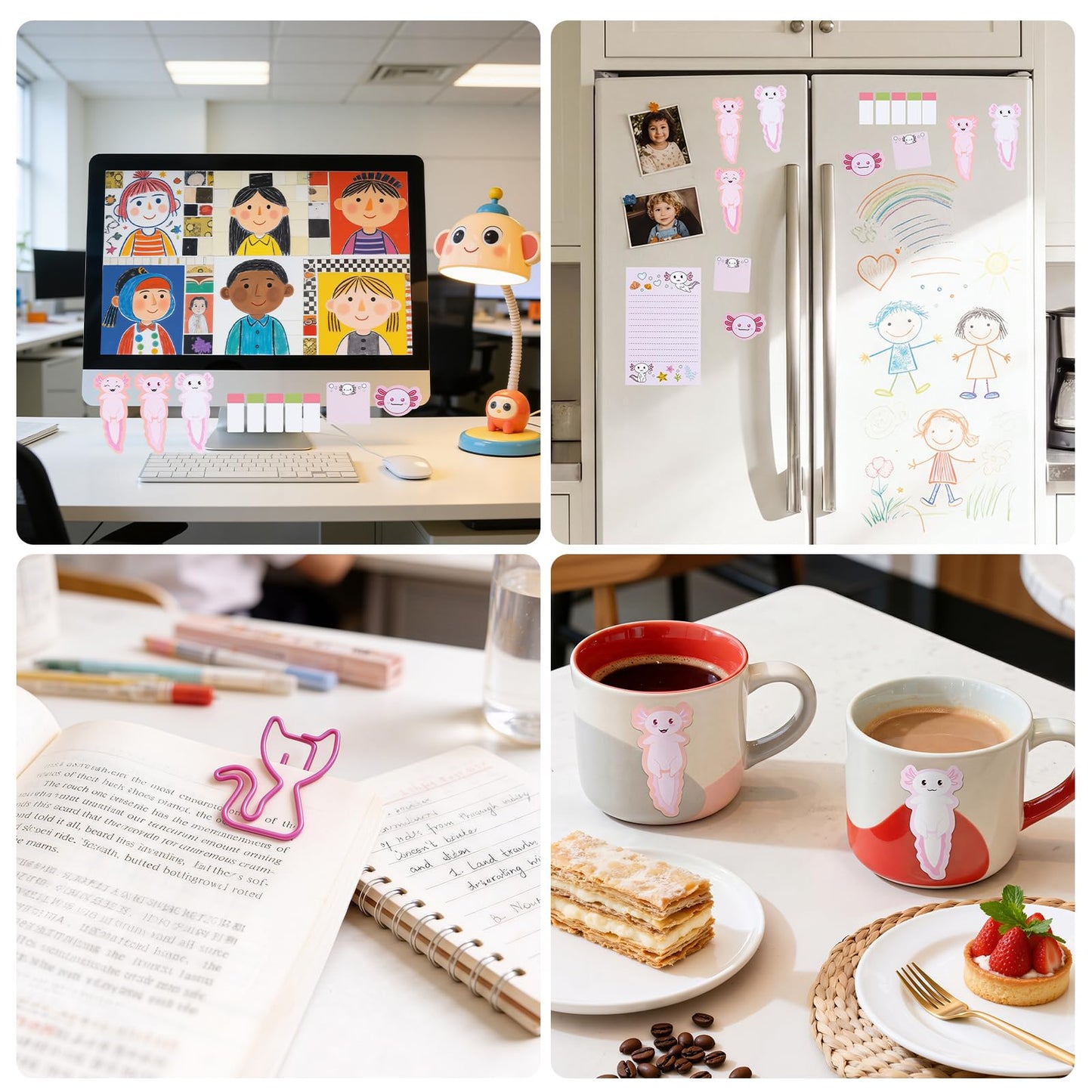 11 in 1 Pink Axolotl Stationery Gifts Set School Supplies for Kids, Kawaii Stationery Kit Axolotl Office Supplies with Pencil Case, Pens & Sticky Notes Set Correction Tape Ruler Utility Knife Cat Clip