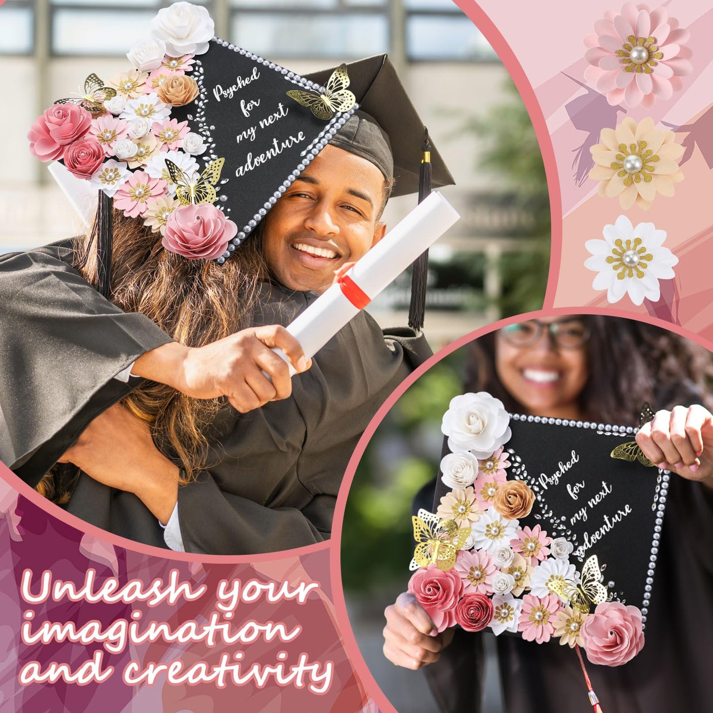 Thiccywoov 43 Pcs Graduation Cap Decorations Kit Includes Artificial Flowers Faux Flower Heads 3D Butterfly Stickers Pearl Rhinestones Glitter Stickers for Grad Cap Topper DIY Graduation Gift(Pink)