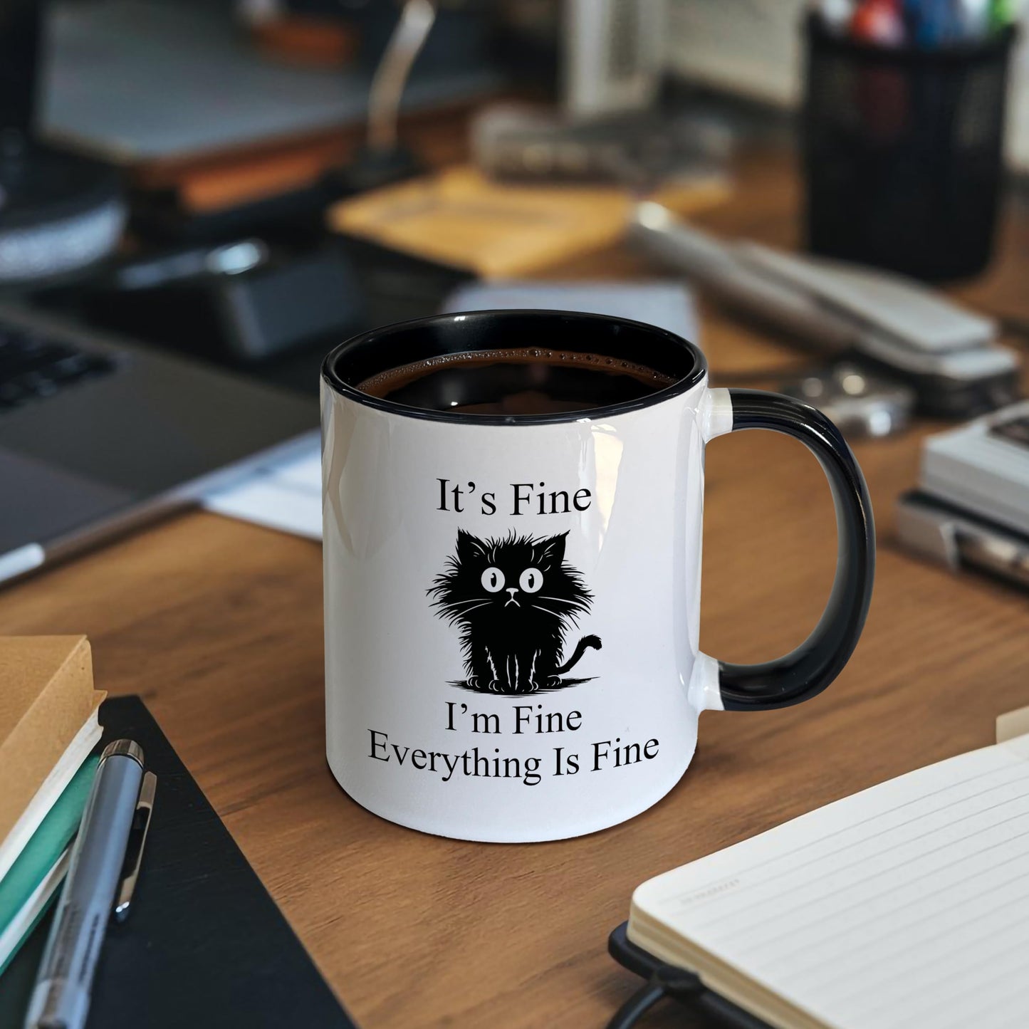 Foyoulame Black Cat Gifts Funny Coffee Mugs - Black Cat Mug, Funny Sarcastic Cats Coffee Teacup, Cat Lover Gifts for Women, I'm Fine Everything is Fine Ceramic CoffeeMug 11oz