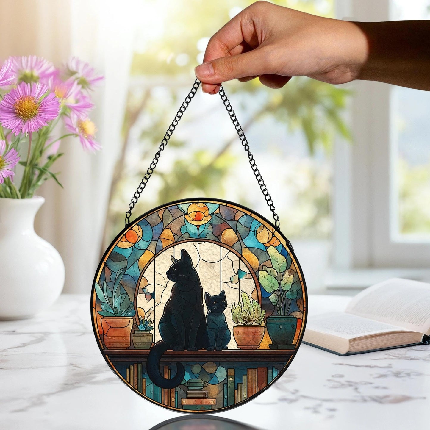 LIANGEAGOM Black Cat Book Lovers Stained Glass Window Hanging, Book Lovers Reader Gifts Suncatchers Sun Catchers Indoor Window Glass Wall Art Decorations, Black Cat Gifts for Women, 7.9x7.9in, Patio