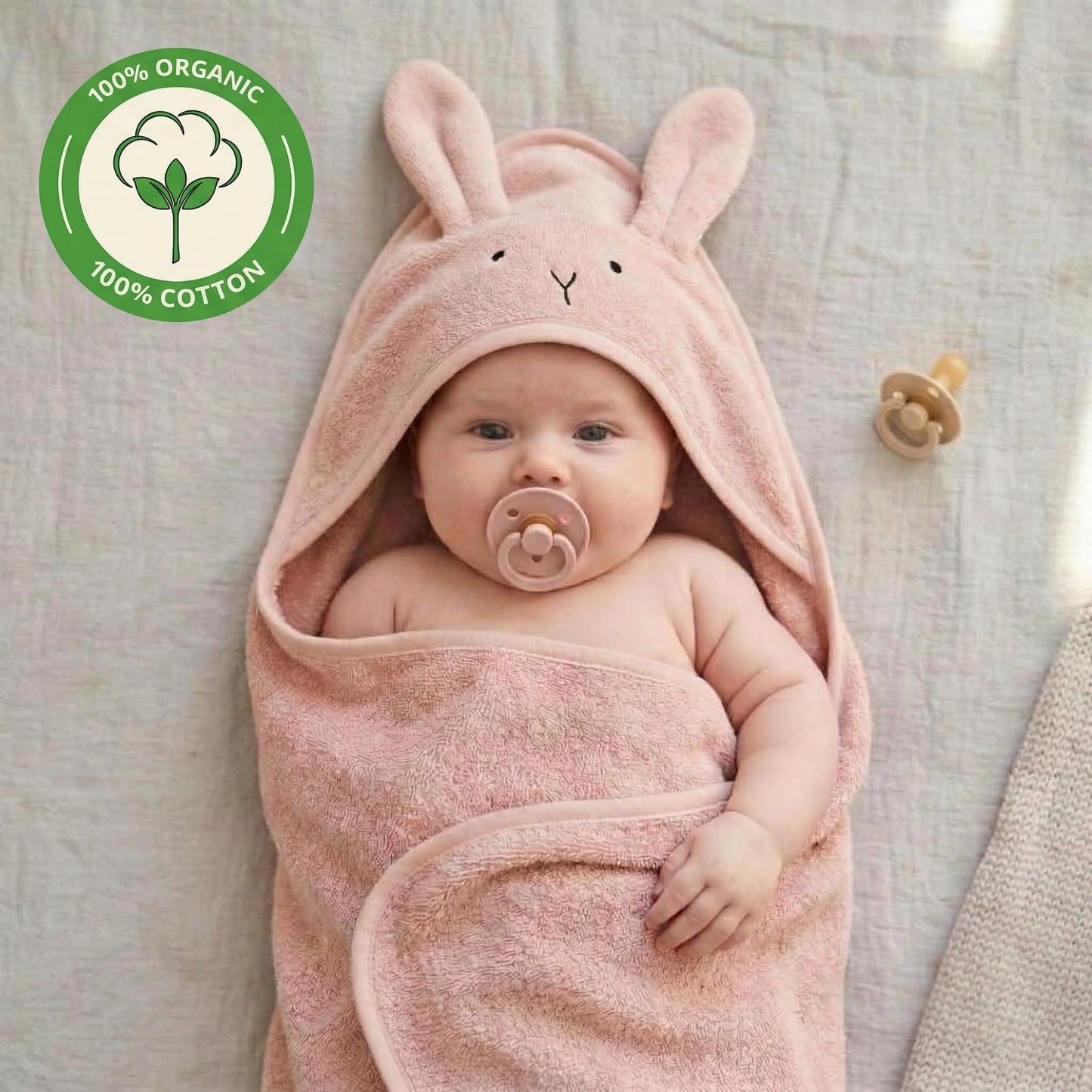 Huxie Baby Hooded Towel – Organic Cotton Baby Bath Towels – Baby Towels, Baby Bath Towels for Baby Girl, 32" x 32" Super-Soft and Absorbent Baby Towels for Newborn (Rabbit - Blush)