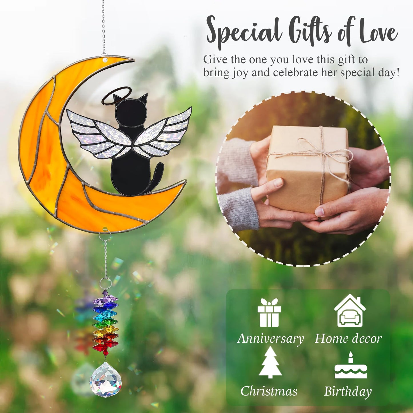 MALFIRST Black Cat Memorial Suncatcher, Angel Cat Ornament, Acrylic Suncatcher for Pet Loss Sympathy Gift, Cats Remembrance Gifts & Kitty Passing Away Gift, in Memory of Cats Window Decor