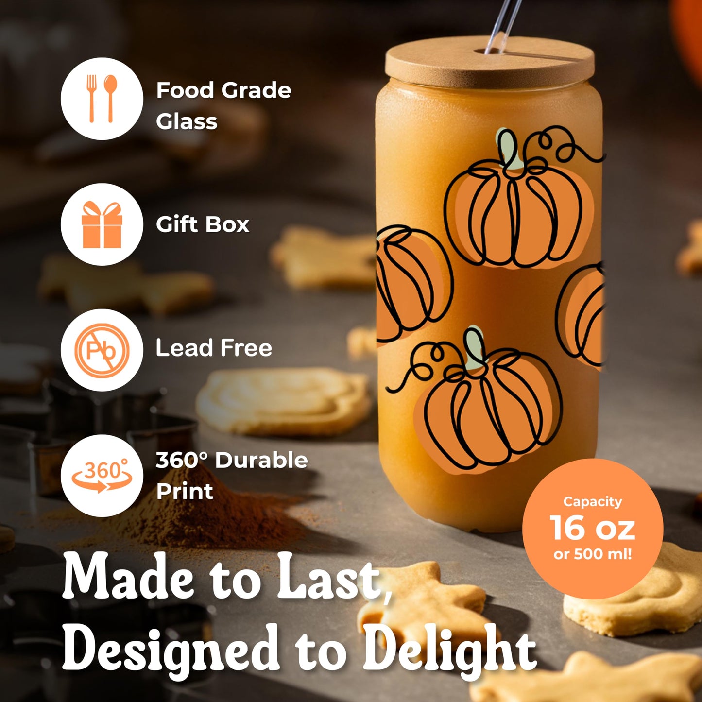 BOYIN HUES Halloween Pumpkin Cups - Cute Halloween Gifts Spooky Boo Basket Stuffers for Women, Teens, Kids - 16oz Glass Iced Coffee Cup w/Lid and Straw - Trick or Treat Party Favors Fall Decor