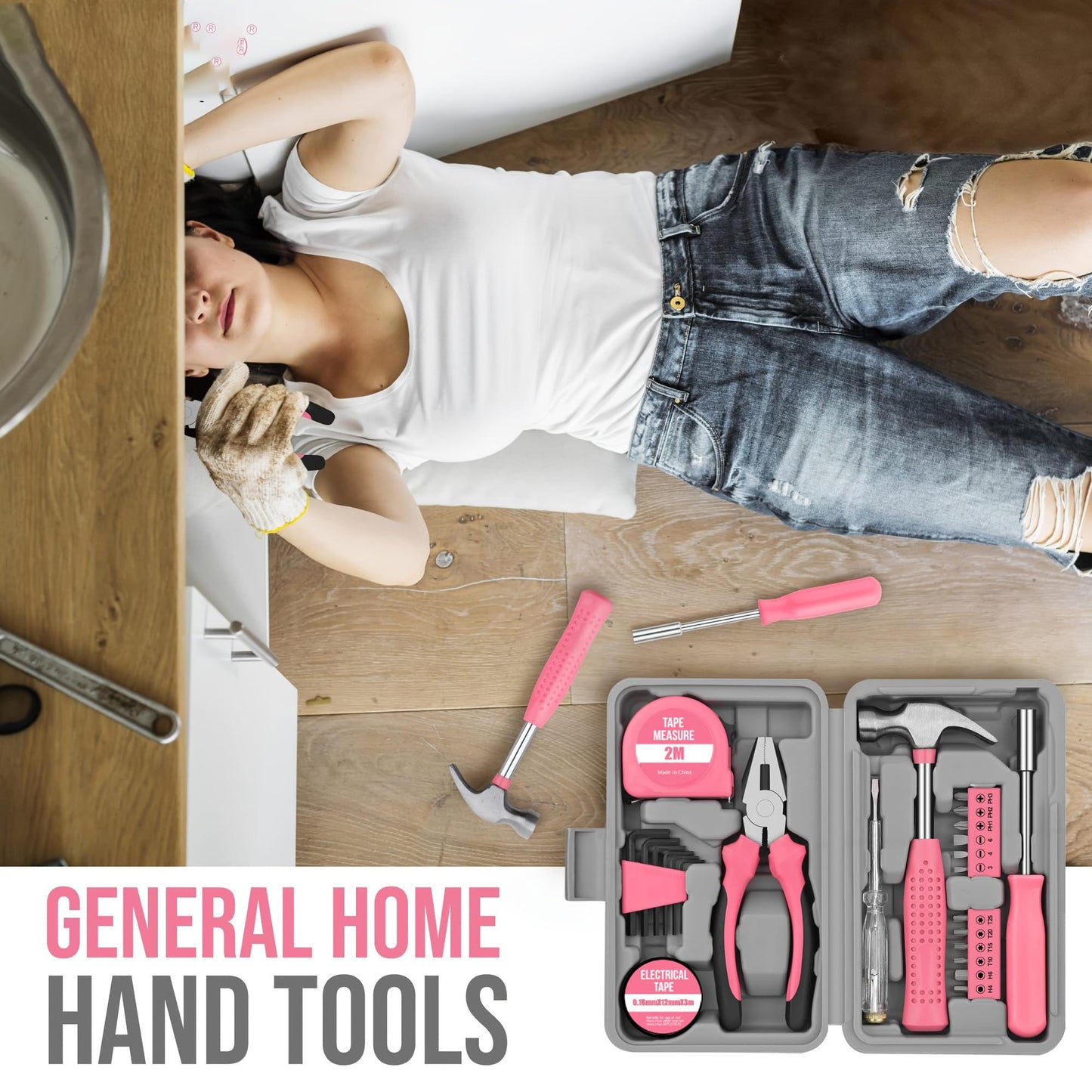 LIRFIX 24Pcs Pink Home Repair Tool Kit for Women - Compact Mini Starter Hardware Set with Hammer, Pliers, Screwdrivers - Portable Household Hand Tools, Ideal Christmas & New Year Gift for Ladies