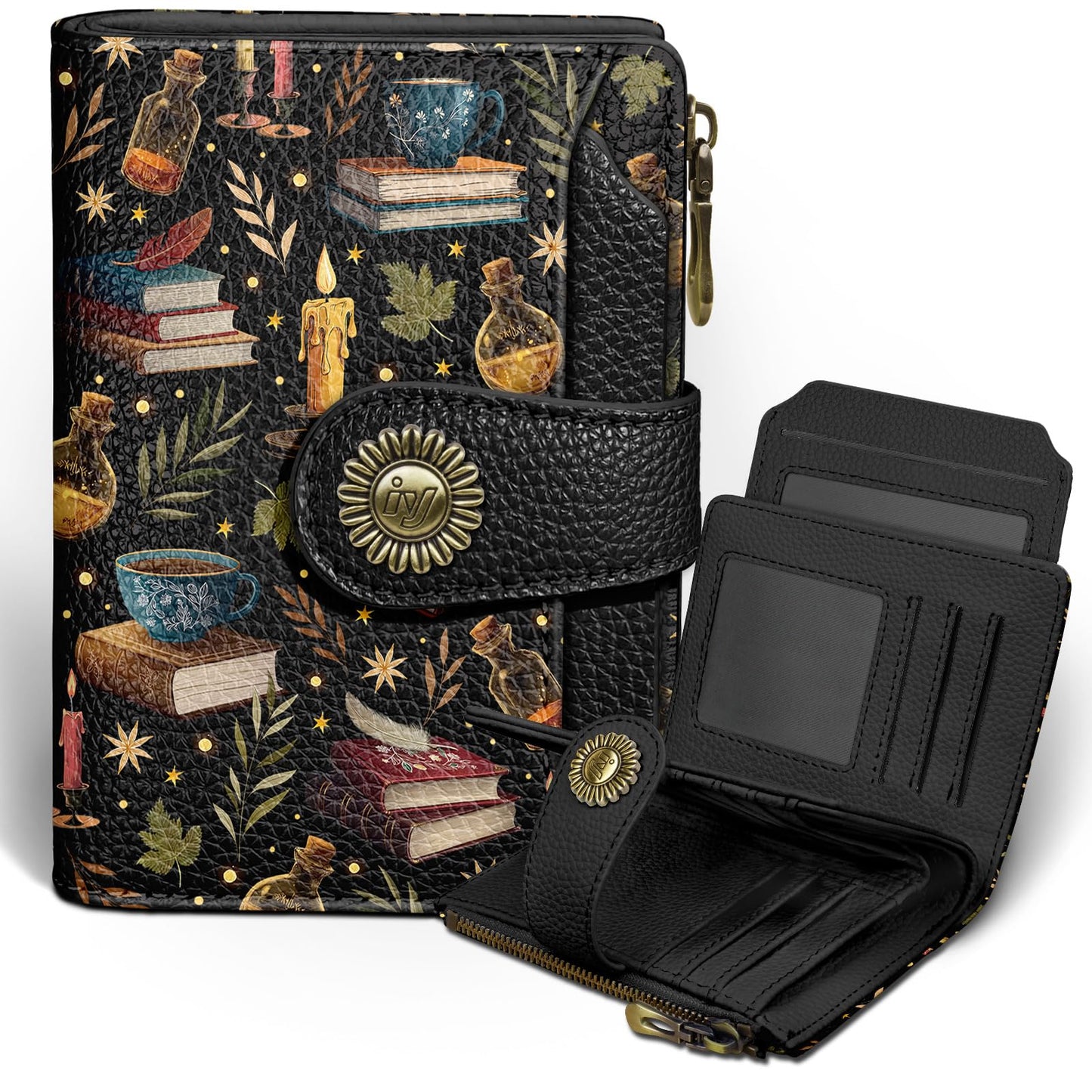 Icycay Book Witchy Wallet Women Small RFID Blocking Bifold, Credit Card Holder, Zipper Coin Pocket, PU Leather, Compact, Travel, 4 ID Window, 14 Card Slots, Cash Purse, Ladies Woman Female Girls