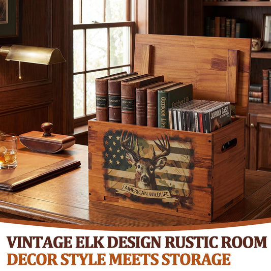 Novabright Wooden Storage Box with Lid Solid Pine Wood Elk Decor Container Box Decorative Table Rectangular Rustic Vintage Organizer for Books CDs Remote Controls, Christmas Father's Day Gift