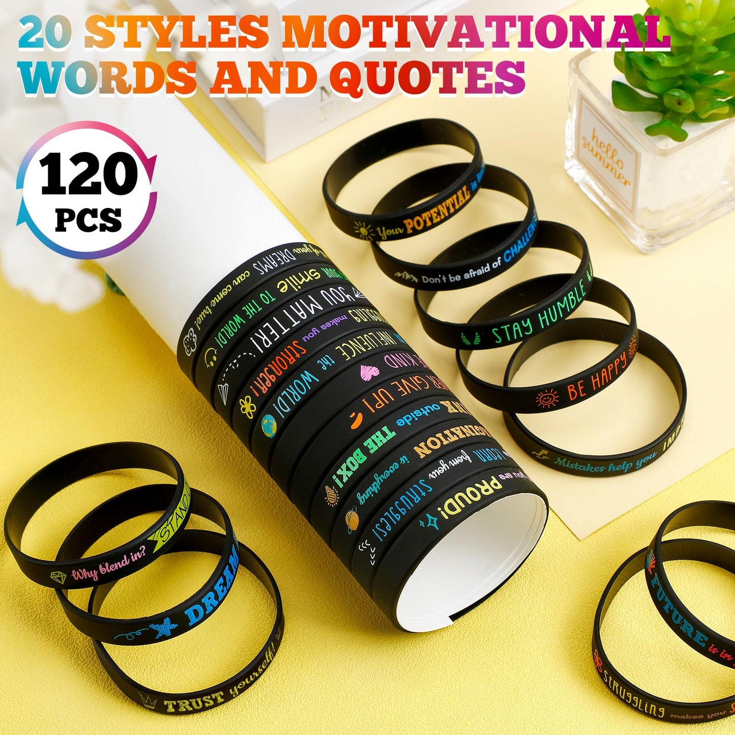 Bucherry 120 Pcs Motivational Silicone Wristbands Bulk Inspirational Rubber Unisex Bracelets with Positive Quotes for Student Teacher Classroom Reward Party Favors School Church Gifts(Black)