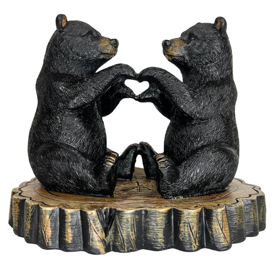 Two Black Bears Heart Hands Figurine – 6” Wide Whimsical Bear Couple I Love You Statue – Rustic Home, Cabin, Lodge, Office Decor