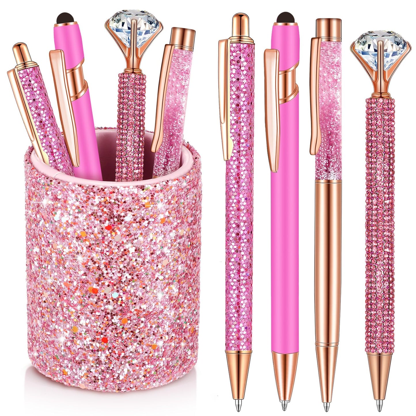 Sabary 8 Pcs Shiny Pink Pens with Pen Holder for Desk Glitter Crystal Diamond Cute Ballpoint Fancy Pencil Holder Bling Desk Organizer for Women Girls School Office Supplies Wedding Graduation Gifts