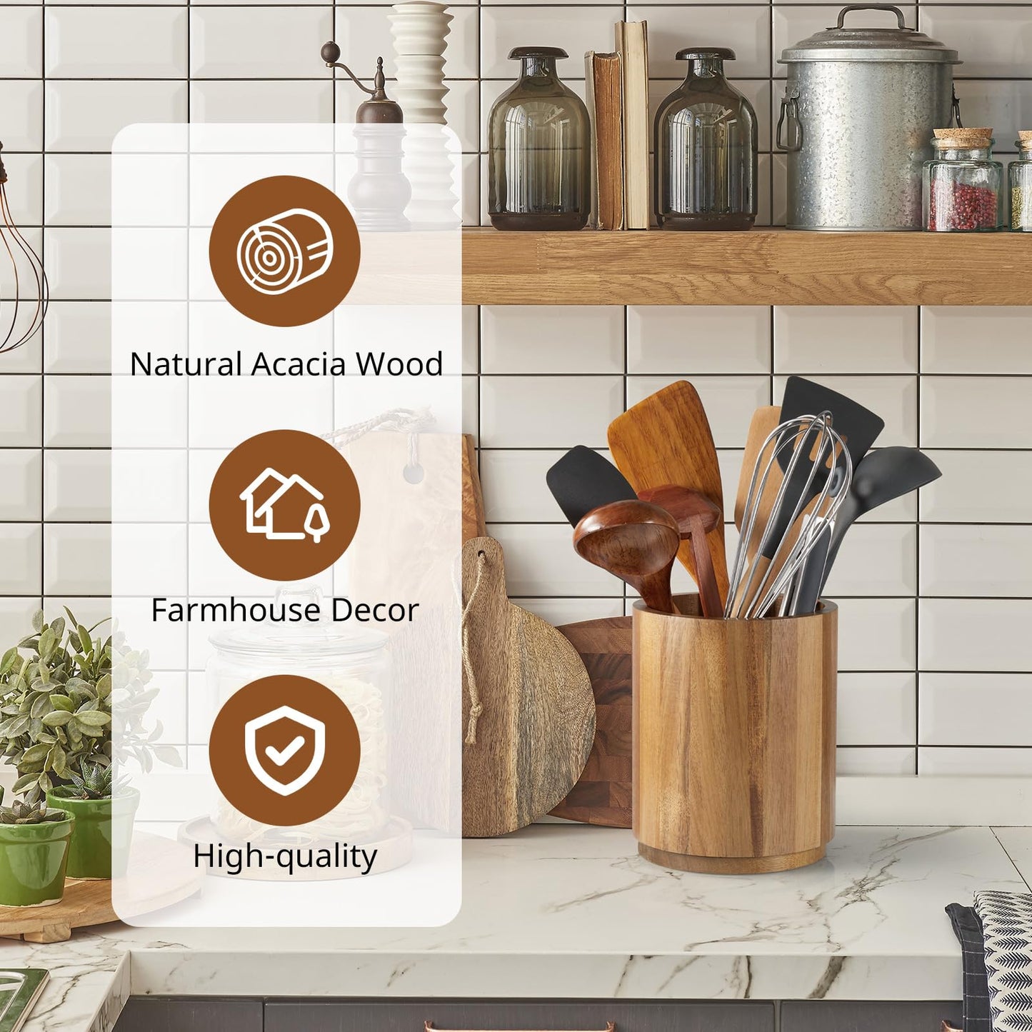 Bivvclaz Acacia Wood Utensil Holder, 360°Rotating 7.2" Utensil Holder for Kitchen Counter, Large Kitchen Utensil Holder, Cooking Utensil Crock for Countertop, Farmhouse Kitchen Decor and Accessories