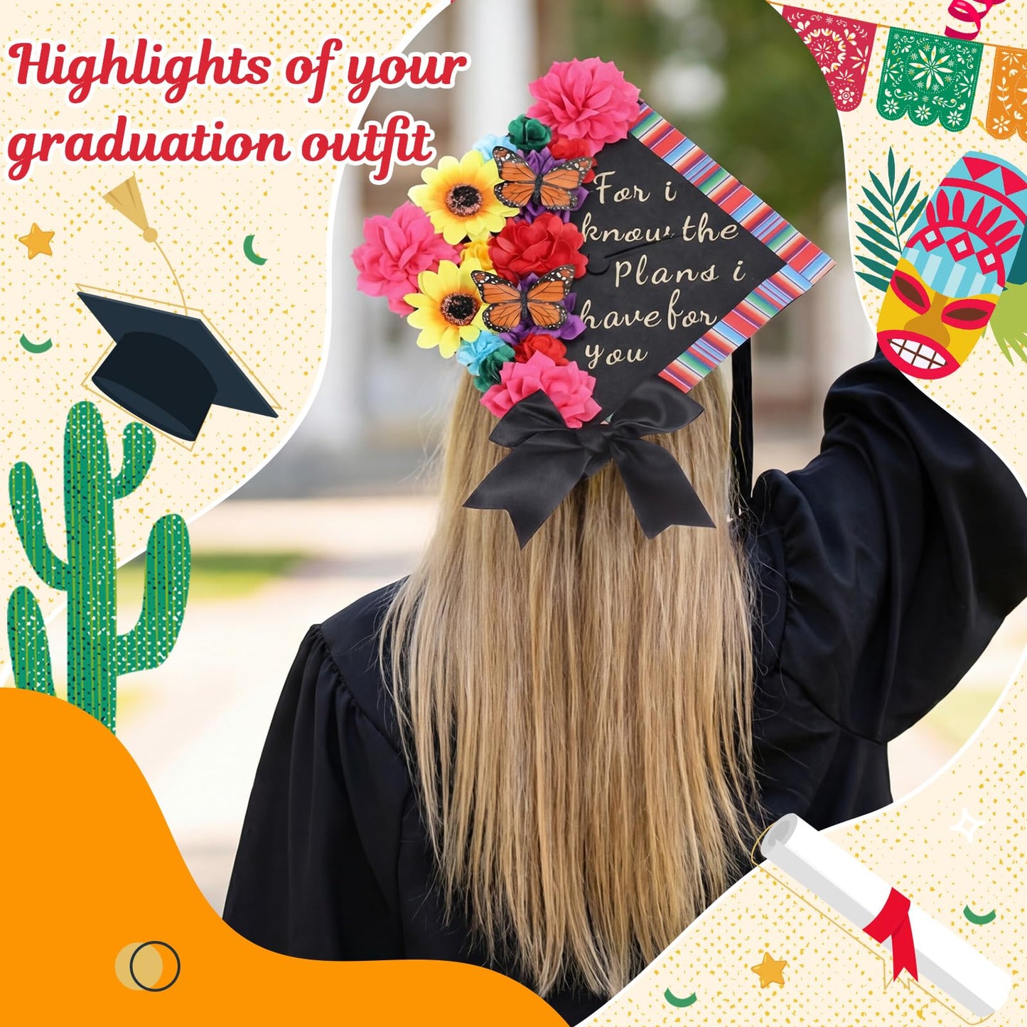 Gersoniel Colorful Graduation Cap Decorations Kit with Pre-assembled Faux Flowers Glitter Cardstock Stickers Butterfly Alphabet Decal (Mexican)