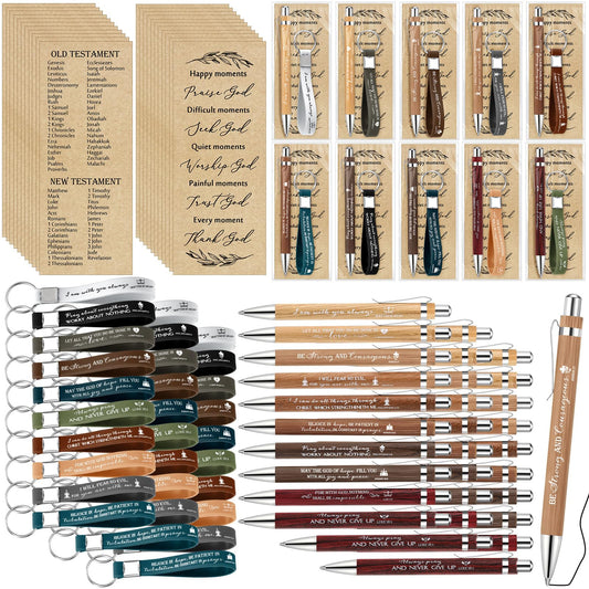 Gueevin 30 Sets Easter Christian Church Gift Bulk Bible Verse Bamboo Pens Religious Bookmarks and Scripture Silicone Keychains Appreciation Gift for Employee Nurse Women Men Pastor Teacher Sunday