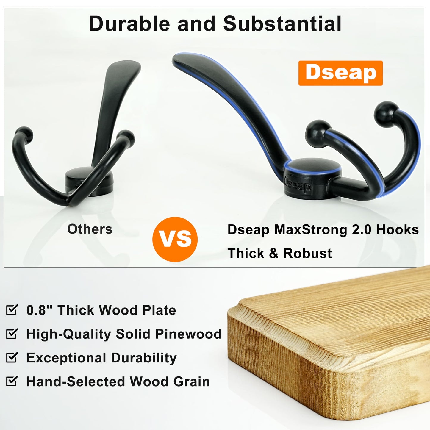 Dseap Coat Rack Wall Mounted - 5 Tri Hooks, Heavy Duty, Wooden Wall Coat Hanger Coat Hook for Clothes Hat Jacket Clothing, White & Black