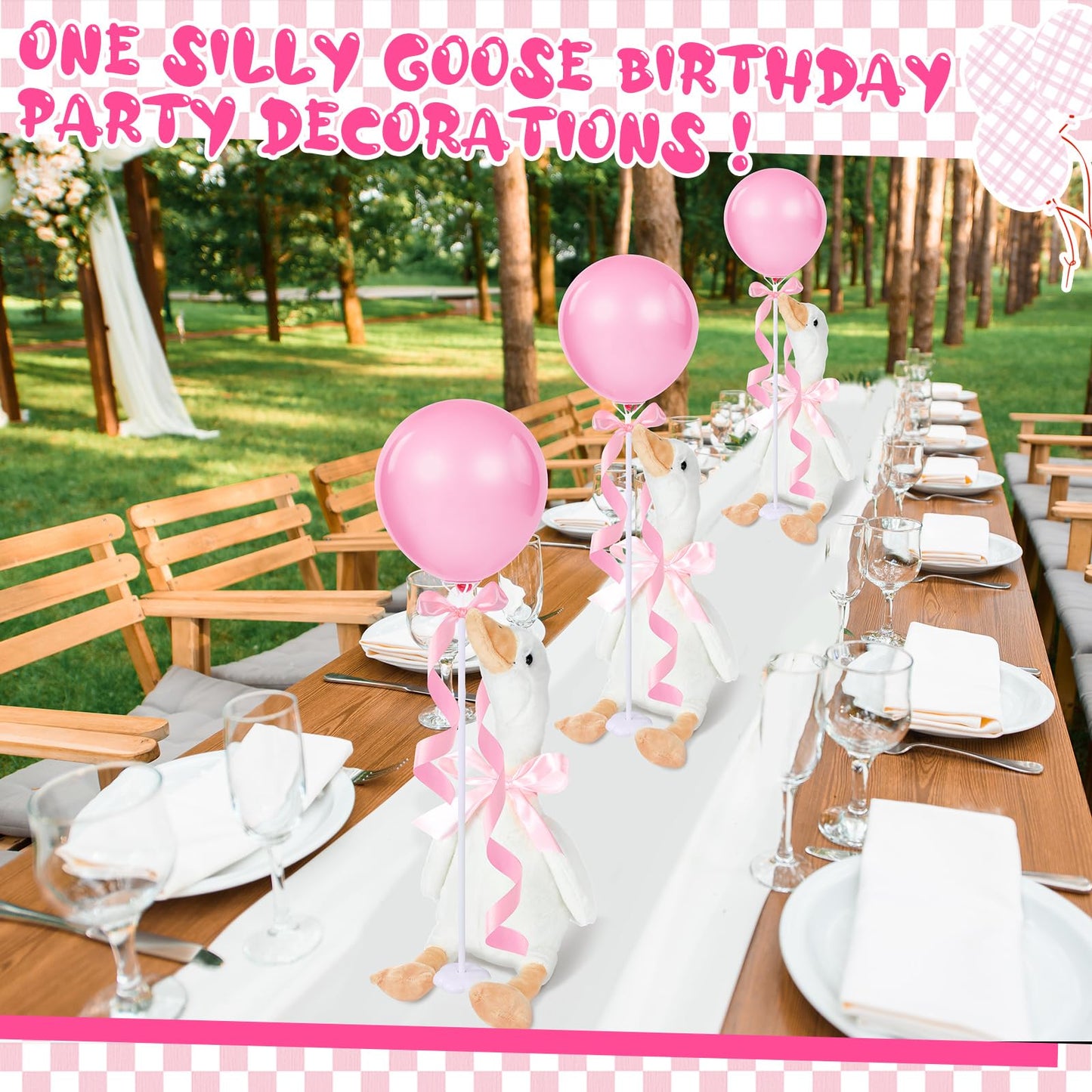 Chunful 6 Sets Pink One Silly Goose 1st Birthday Decoration 11.8 Inch Soft Goose Stuffed Animal Birthday Centerpieces Swan Stuffed Animal with Balloon Table Decor for Gifts