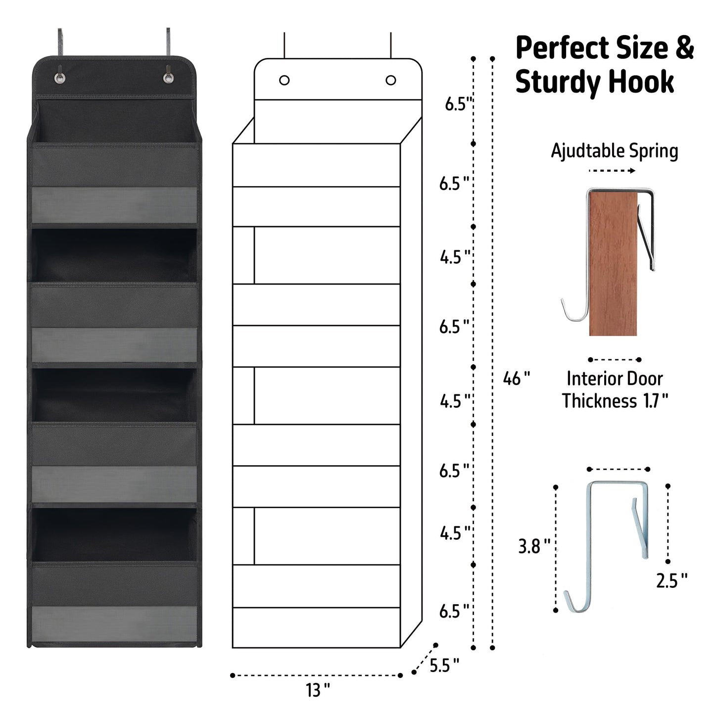 TYMENSH Over The Door Hanging Organizer with 4 Large Pockets – Closet, Bathroom, Nursery, Bedroom, Dorm Storage for Toys, Cosmetics, and Baby Essentials, Black