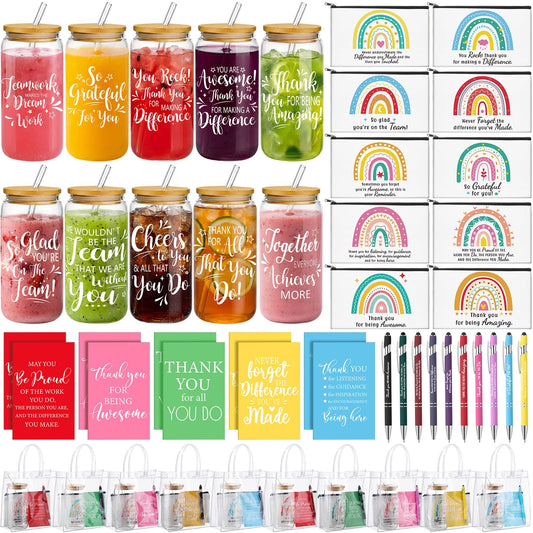 Purpeak 10 Sets 50 Pcs Employee Appreciation Gifts Bulk 16 oz Thank You Glass Cup Inspirational Cosmetic Bag Notepads Pens PVC Bag for Administrative Professionals Day Ot Month Coworker Teacher Nurse