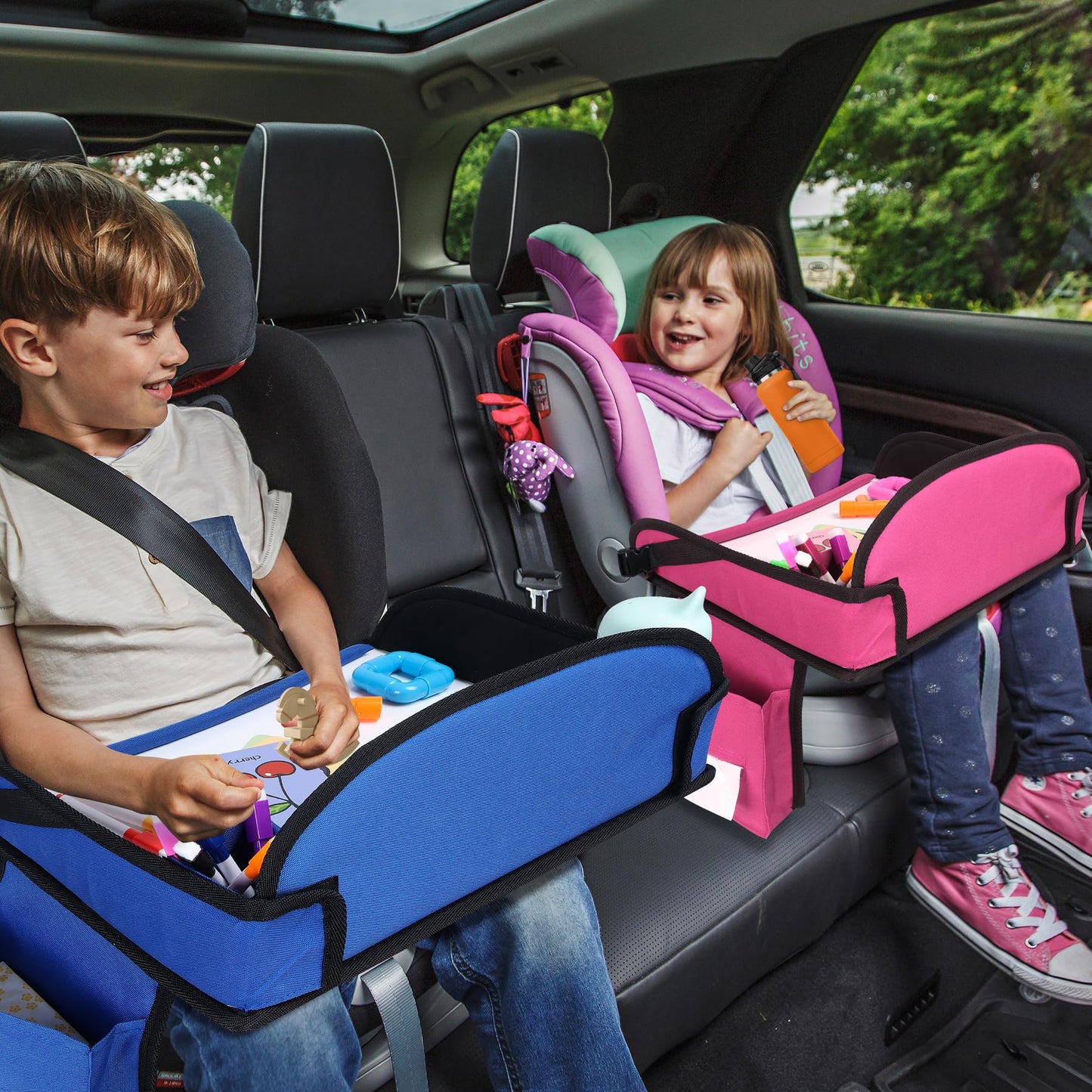 WENRENER Kids Travel Tray for Car Seat, Toddler Road Trip Essentials With Drawing Kit, Travel Activities Must Haves (Navy Blue-2PCS)