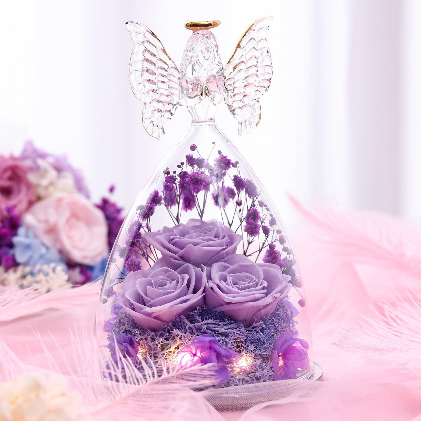 Tiaronics Mothers Day Mom Gifts for Women Preserved Flowers in Glass Angel Forever Flowers Gifts Eternal Roses Gifts for Grandma, Light Purple