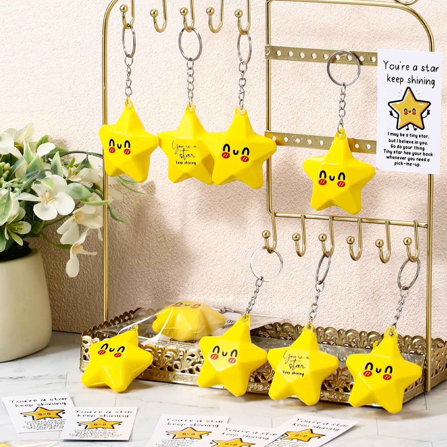 Wavwavw 36 Set Inspirational Gifts Star Keychain with You Are a Star Card Office Thank You Gift for Team Employee Coworkers (Yellow)